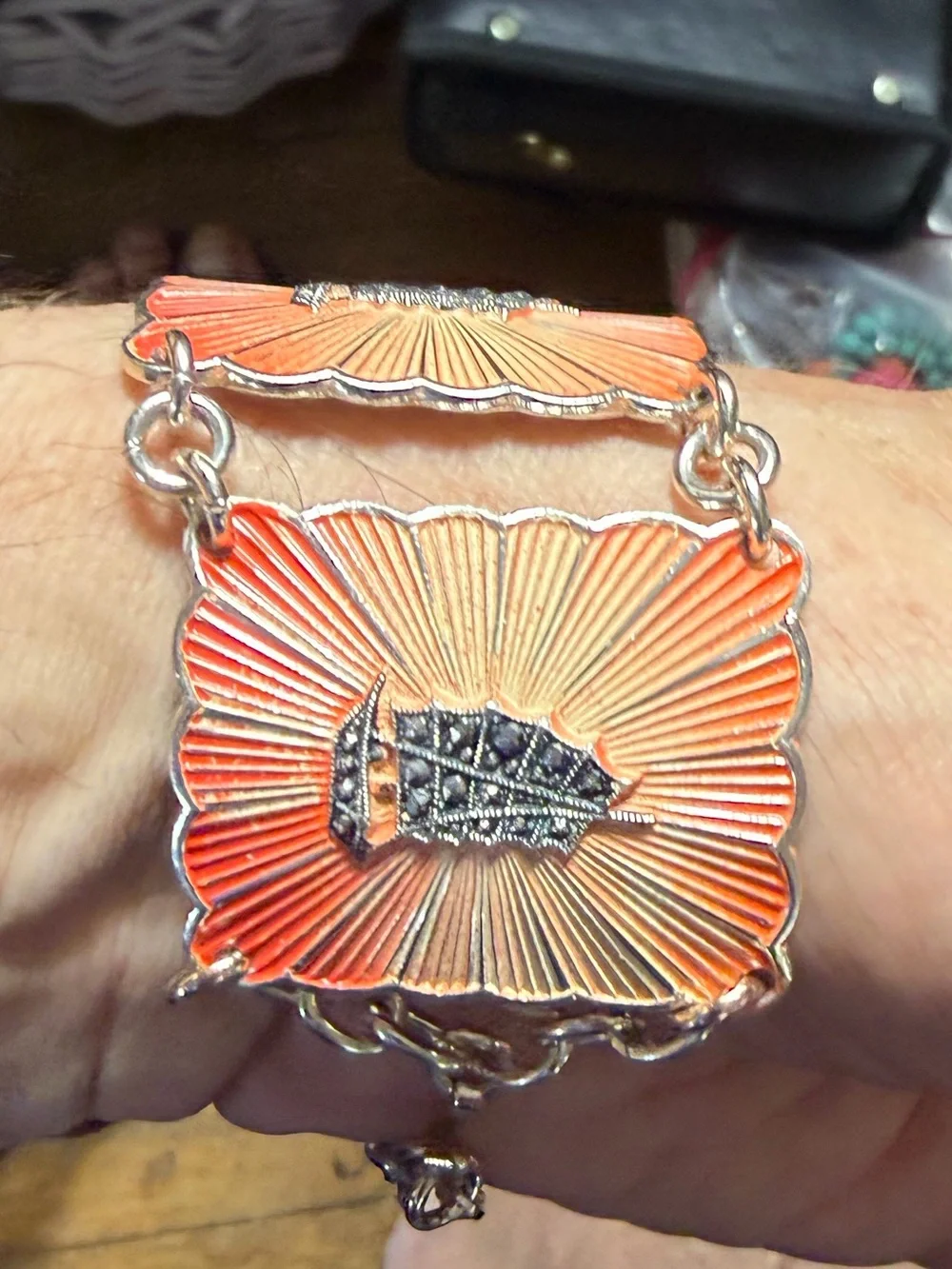 Vintage W Germany Eloxal style aluminum Sailboat panel link bracelet
